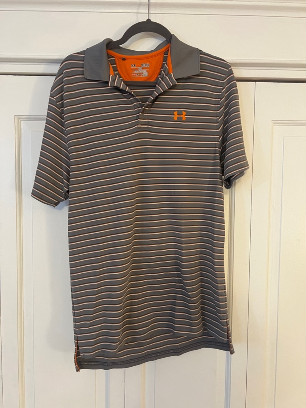 Under Armour Men’s Heat Gear Gray & Orange Striped Polo Shirt
